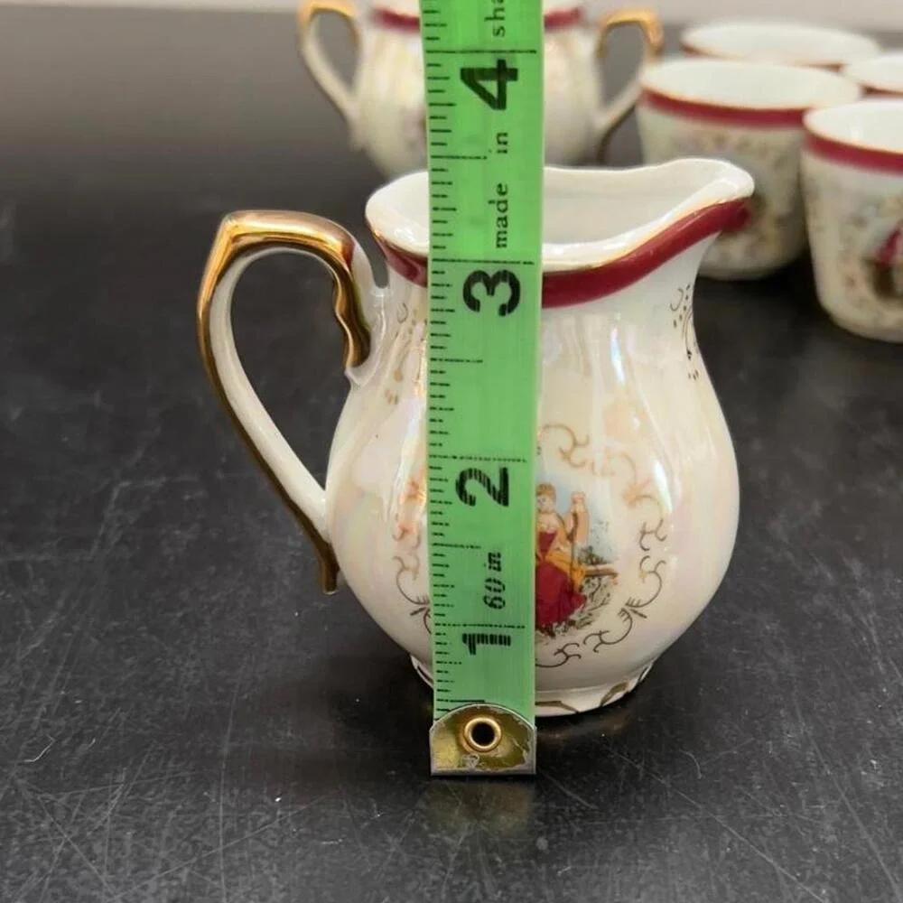 Vintage Italian Lusterware Tea Set Courting Couple‎ Burgundy Gold 8pc OS